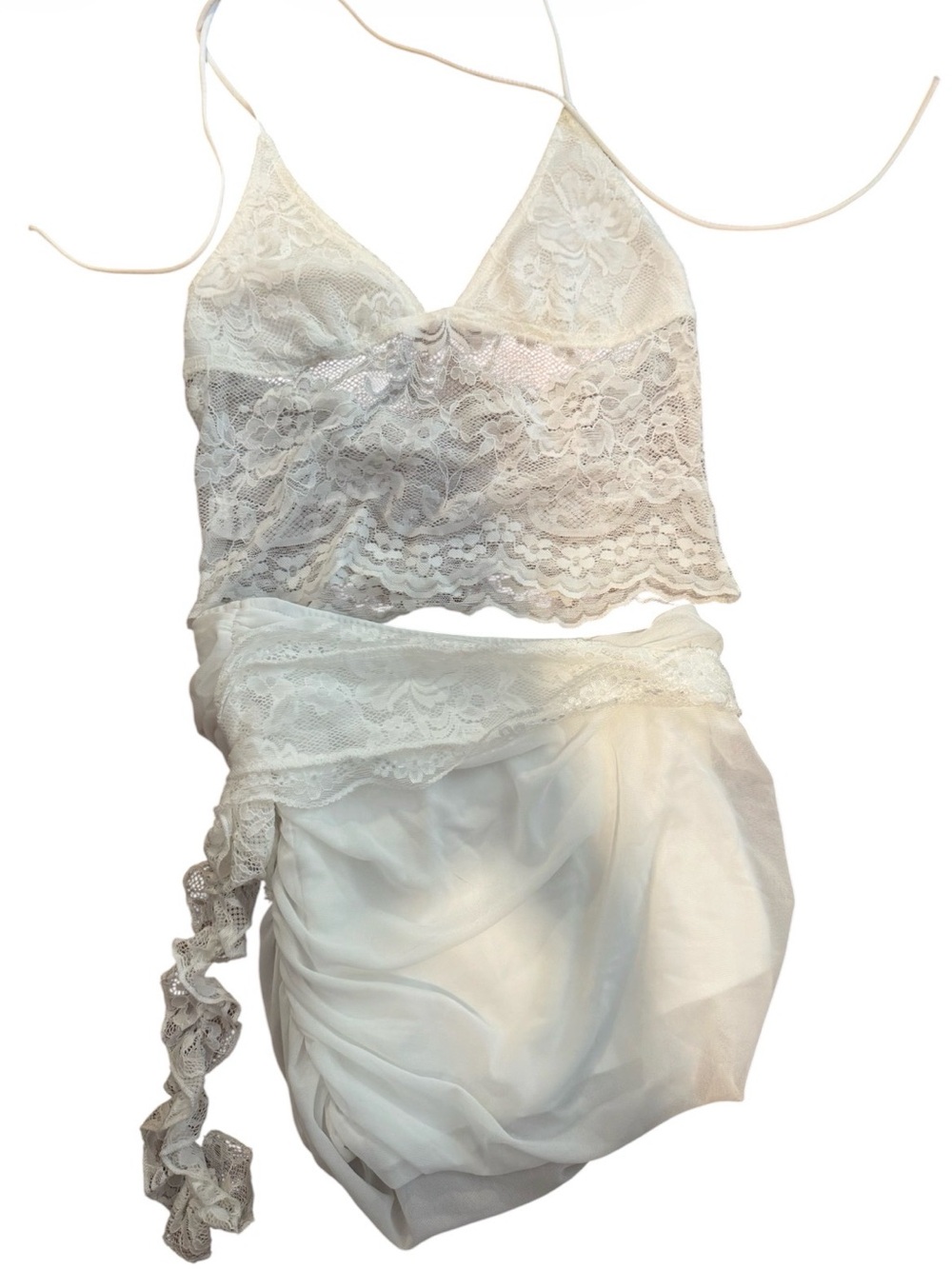 Lace Trim White Bralette & Skirt Set - Women Intimates